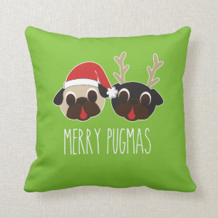 Merry Pugmas Kerstmis Pillow Reindeer & Santa Pug Kussen