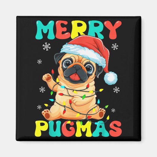 Merry Pugmas Pug Christmas Santa Pug Xmas Lights D Magneet (Voorkant)
