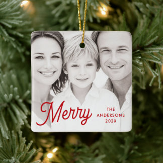 Merry red festive retro font name year photo keramisch ornament