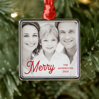 Merry red festive retro font name year photo metalen ornament