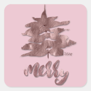 Merry Roos Gold Mauve Christmas Tree Metal Copper Vierkante Sticker