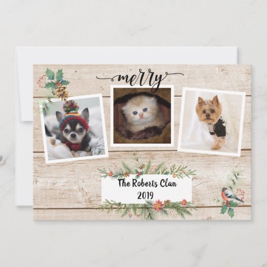 Merry! Rustic Barnwood Three Photo Holiday (Voorkant)
