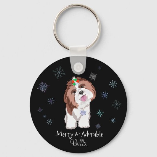 Merry & Schattig Shih Tzu met Snowflake Dog Label Sleutelhanger (Voorkant)