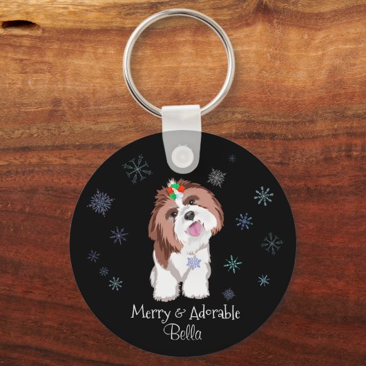 Merry & Schattig Shih Tzu met Snowflake Dog Label Sleutelhanger (Voorkant)