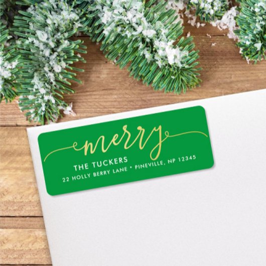 MERRY Script Goud & Helder Groen Kerstmisadres Etiket