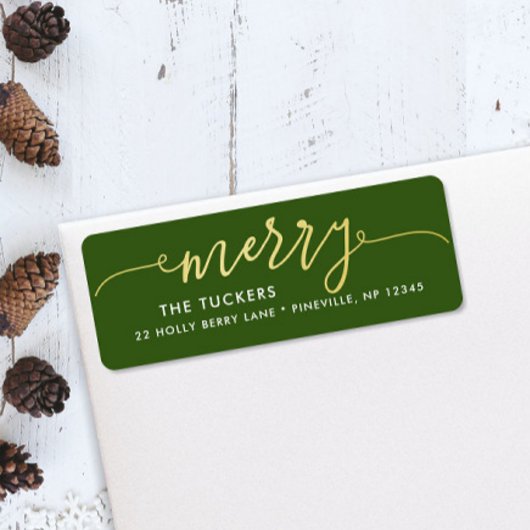 MERRY Script Gouden Folie Groen Kerstmis Adres Etiket
