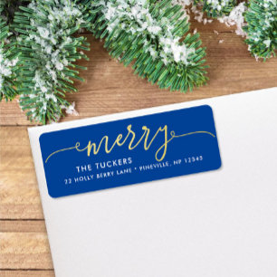 MERRY Script Gouden folie op Blauw Kerstmisadres Etiket