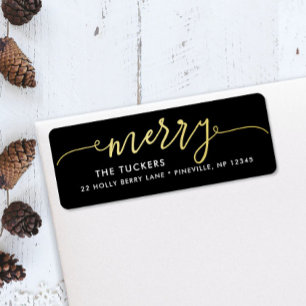 MERRY Script Gouden folie op Zwart Kerstmisadres Etiket
