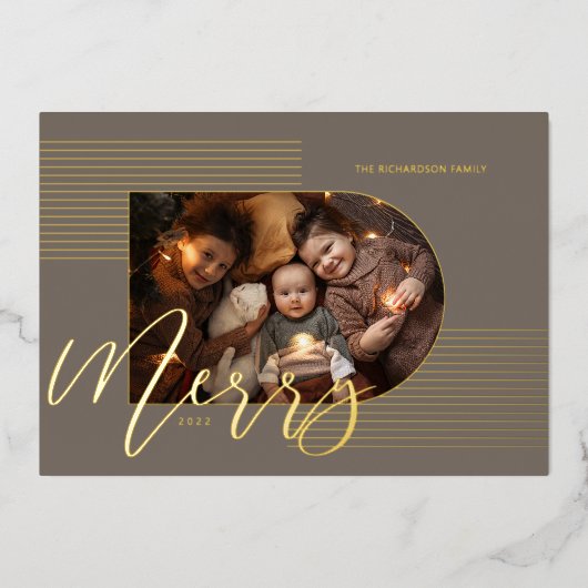Merry Script Modern Stripes Photo Arch Lijst Grey Folie Feestdagenkaart (Voorkant)