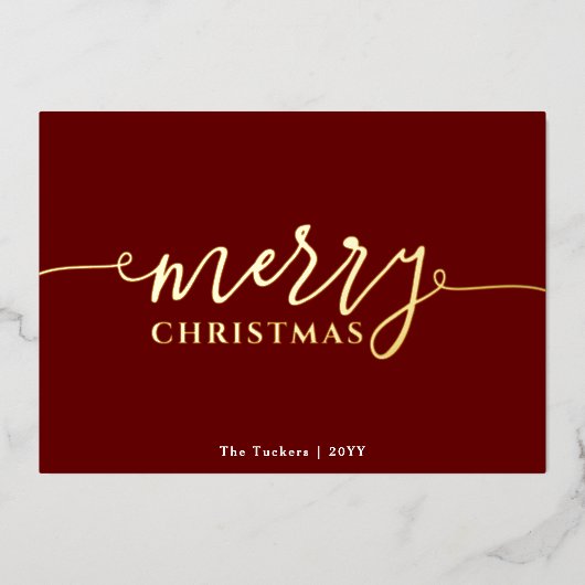 MERRY Script op donkerrood kerstgoud Folie Feestdagenkaart (Voorkant)