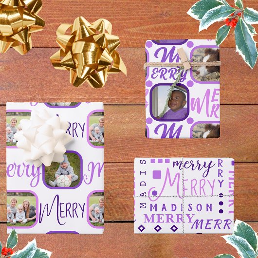 MERRY Script Paars op White 4-fotokerstmis Inpakpapier Vel