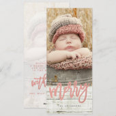 Merry Script Roos Gold Foil Rustic Wood Foto Feestdagenkaart (Voorkant / Achterkant)