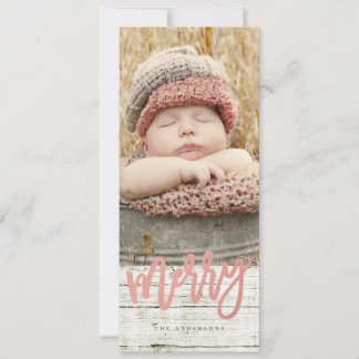 Merry Script Roos Gold Foil Rustic Wood Foto Feestdagenkaart