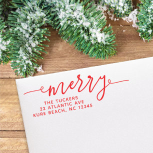 MERRY Script Simple Red kerstreturn Address Zelfinktende Stempel