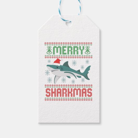 Merry Sharkmas Funny Kersthaai Ugly Sweater Cadeaulabel (Voorkant)