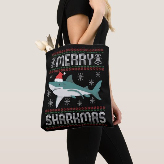 Merry Sharkmas Funny Kersthaai Ugly Sweater Draagtas (Dichtbij)