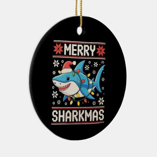 Merry Sharkmas Shark Christmas Ugly Xmas Lights Keramisch Ornament (Rechts)