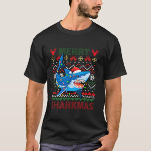 Merry Sharkmas Ugly Christmas Shark Santa Hat Ligh T-shirt