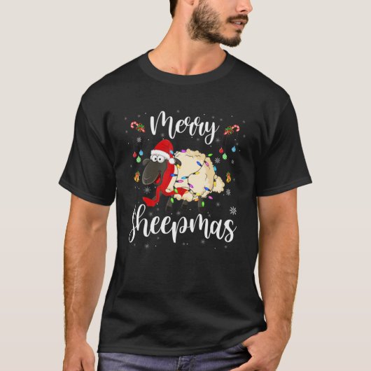 Merry Sheepmas Funny Kerstlampjes Santa Sheep T-shirt (Voorkant)