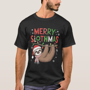 Merry Slothmas Santa Hat Pyjamas Luiaard Lover Mei T-shirt