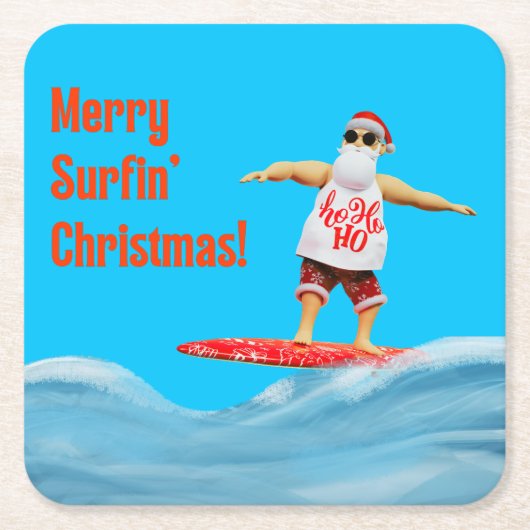 Merry Surfin' Kerstman op Surfboard Gooi P Vierkante Kartonnen Onderzetter (Voorkant)