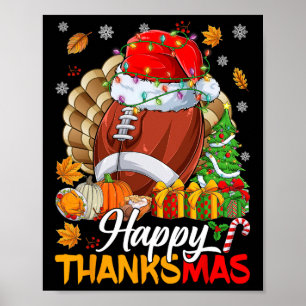 Merry Thanksgiving Football Santa Hat Thanksgiving Poster