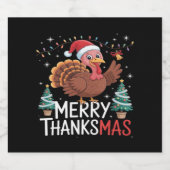 Merry Thanksgiving Happy Thanksgiving Santa Turkey Sparkling Wijnetiket (Enkel label)