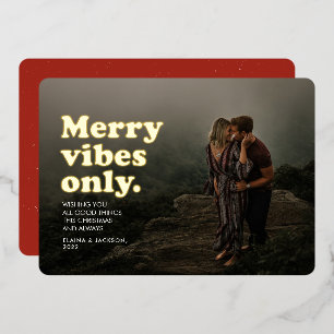 Merry vibes only leuke retro op één foto Kerstmis Folie Feestdagenkaart