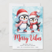 Merry Vibes Schattigee Pinguïns Blauw Rood Kerst Feestdagenkaart (Voorkant)