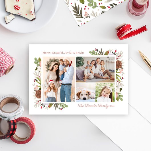 Merry Winter Floral 4 Afbeelding Familie Foto Coll Feestdagenkaart