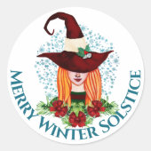 Merry Winter Solstice Cozy Holiday Witch Pet Ronde Sticker (Voorkant)