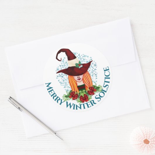 Merry Winter Solstice Cozy Holiday Witch Pet Ronde Sticker (Envelop)
