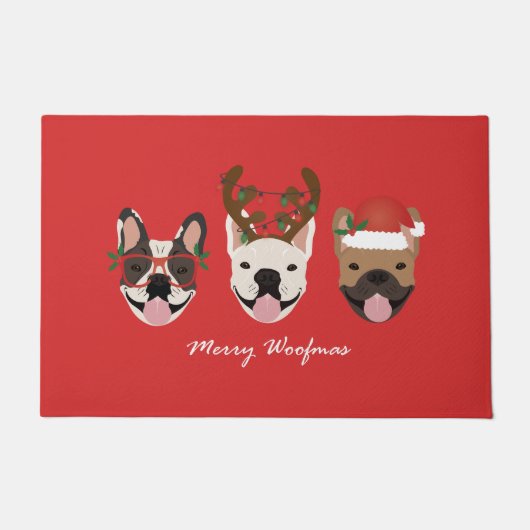 Merry Woofmas Franse Bulldogs Kerstmis Deurmat (Voorkant)