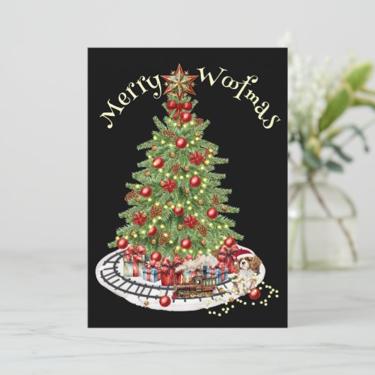 Merry Woofmas Hondenontwerp - King Charles Spaniel Feestdagenkaart (Staand voorkant)