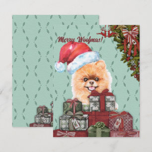 Merry Woofmas. Pommeraanse hond Santa Hat Kerstmis Notitiekaartje