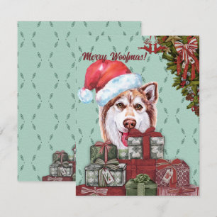 Merry Woofmas. Red Husky Santa Hat kerstcadeau Notitiekaartje