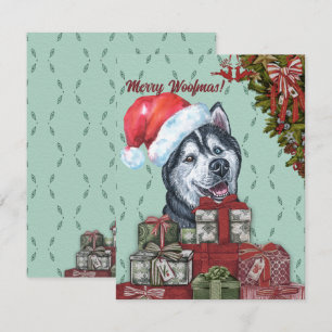 Merry Woofmas. Siberian Husky Santa Hat Kerstmis Notitiekaartje