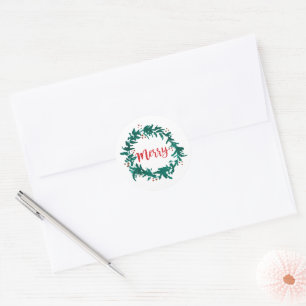 Merry Wreath met Berries Script Ronde Sticker