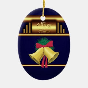 Merry Xmas Bells op Brass en Blue Keramisch Ornament