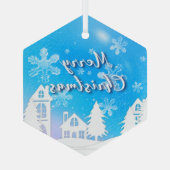 Merry Xmas Blue White House Snow Glas Ornament (Achterkant)