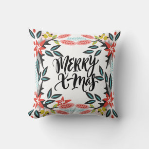 Merry Xmas Calligraphy and Holiday Foliage Kussen