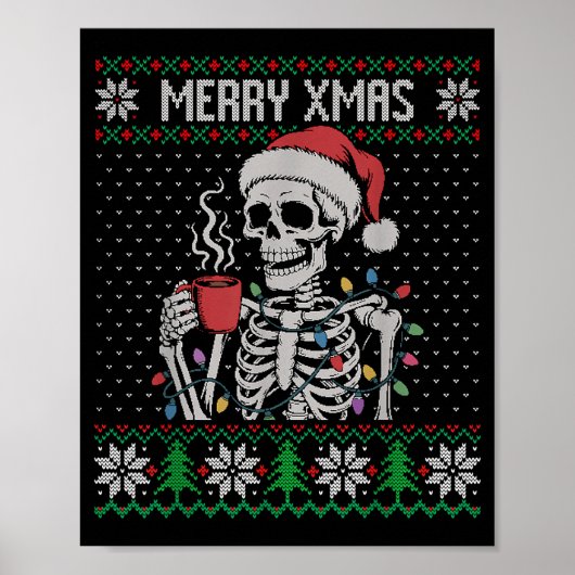 Merry Xmas Skeleton Ugly Sweater, Skull Wearing Sa Poster (Voorkant)