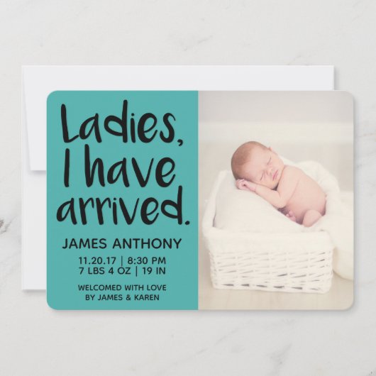 Mesdames, je suis arrivé faire-part de naissance (Devant)