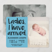 Mesdames, je suis arrivé faire-part de naissance m (Devant / Derrière)