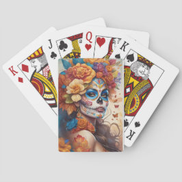 Mesmeriserende vrouw in suiker schedel make-up pokerkaarten