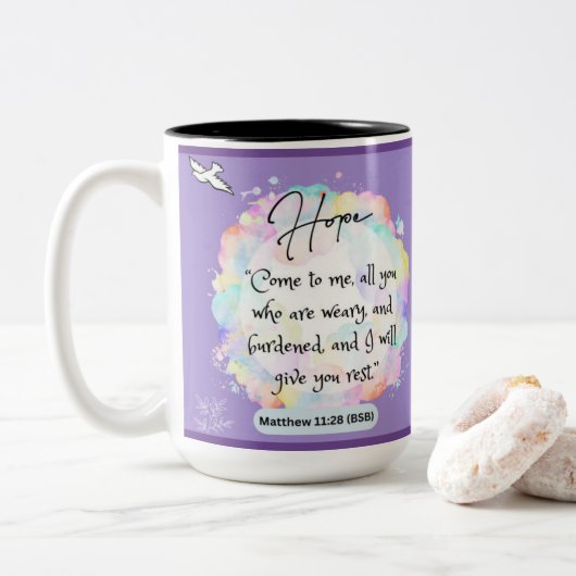 Message d'espoir - Matthew 11-28 - Mug à deux tons (Avec donut)