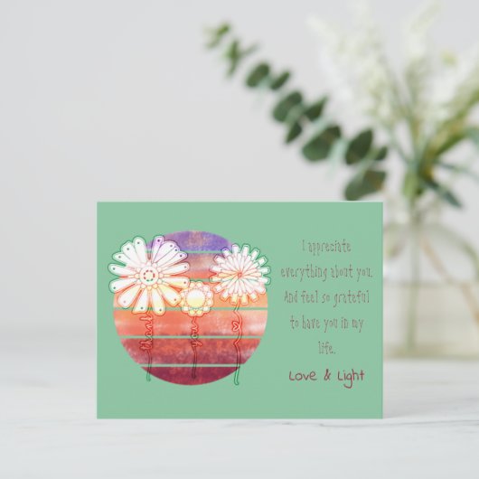 Message Merci avec fleurs et carte postale coucher (Debout devant)