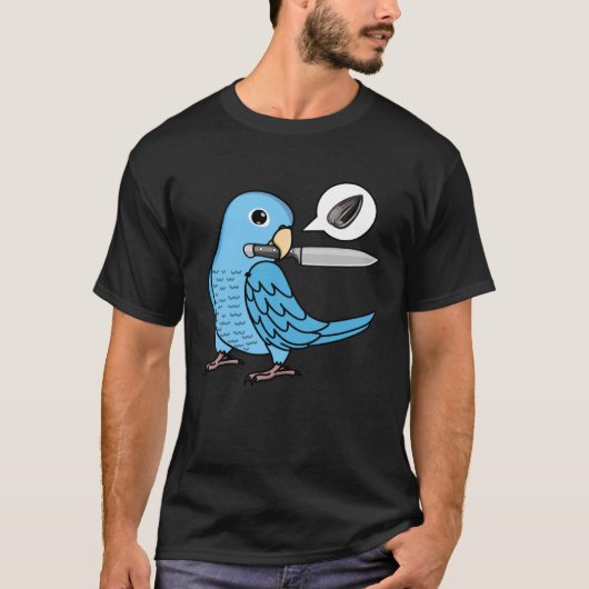 Messenpapegaai wil zaden in blauwe papegaai t-shirt (Voorkant)