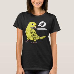 Messenpapegaai wil zaden in gele papegaai t-shirt
