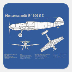 Messerschmitt Bf 109 - Vliegtuigblauwdruk ABD Vierkante Sticker
